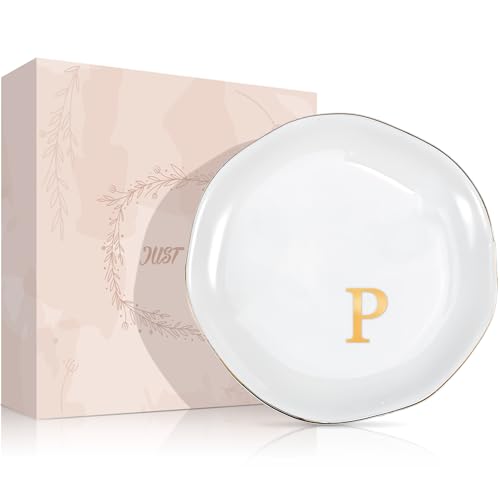 ProCase Ceramic Jewelry Tray, Initial Ring Dish Trinket Plate Engagement Gift, Small Personalized Monogram Ring Bowl for Wedding, White Decorative Jewelry Holder for Women Vanity -Letter P - style: P