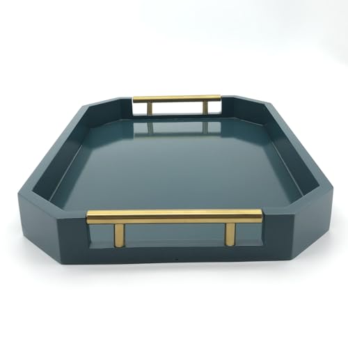 Serving Tray with Polished Metal Handles, Hexagon Coffee Table Tray, Modern Rectangle Decorative Tray, Large Ottoman Tray, Perfect for Storage and Display (Teal Rectangle) - color: Teal Rectangle