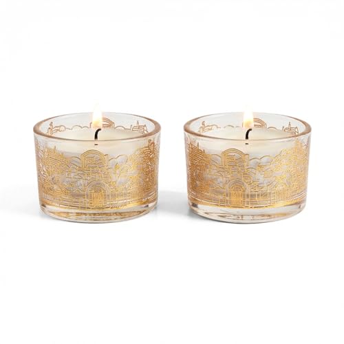 SURI Jerusalem Design Glass Shabbat Tea Light Candle Holder Set of 2 – Modern Judaica Home Décor - color: Gold (Jerusalem), size: Short