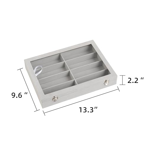 Frebeauty Sunglass Organizer,Velvet Glasses Organizer,8-Slot Sunglasses Tray with Clear Lid,Men's/Women's Sunglasses Box,Sunglass Case,13.3 x 9.6 x 2.2 Inches,Eyeglass/Eyewear Display Tray(Grey) - color: Grey, style: With Lid