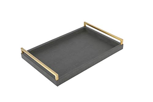 17.8 * 11.8" Grey Shagreen Large Serving Tray with Brushed Gold Handle,Faux Leather Home Decorative Tray, Coffee Table Tray for Living Room, Dinning, Vanity （Grey - color: Dark Grey