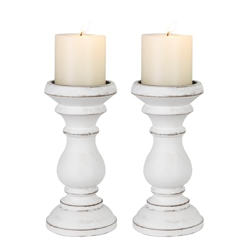 Candle Holder for Pillar Candle Set of 2, Farmhouse Wood Candle Holder, Rustic Wooden Candle Stand, Vintage Wooden Candlestick Holders Decorative for Living Room, Table Centerpiece, Antique White - color: Antique White, size: Set of 2