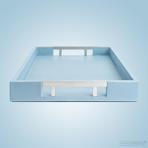 Modern 17.5"x12" Rectangle Baby Light Blue Glossy Shagreen Faux Leather Decorative Tray Ottoman Coffee Table Perfume Living Room Kitchen Serving Tray with Silver Metal Handles by Home Redefined - color: Baby Blue/Silver