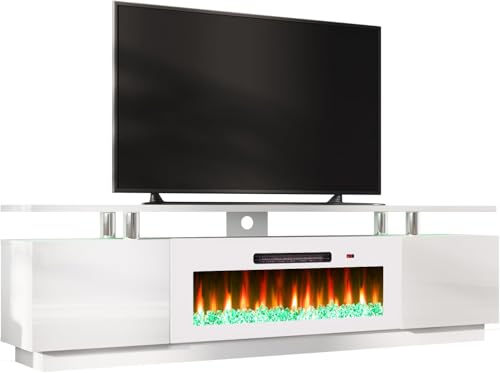 AMERLIFE Fireplace TV Stand with 40" Fireplace, 80" Modern Fireplace Entertainment Center LED Lights, 2 Tier TV Console Cabinet for TVs Up to 90", White & White - color: White & White, size: 80"