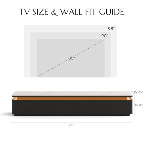 POVISON Fully Assembled 95" Mid-Century Modern TV Stand with LED Lights, White Glossy Sintered Stone Top Media Console for 85 Inch TV, Drop-Down Doors & Drawers, Open Storage for Living Room - color: White & Black, size: 95"