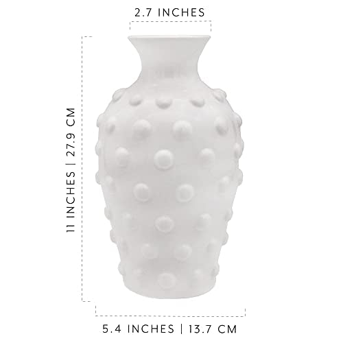 AuldHome Vintage White Hobnail Ceramic Vase, 11 inches tall, 5.4 inch diameter