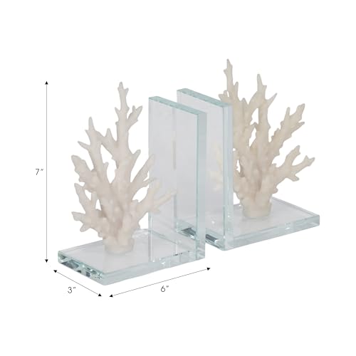Decorative Coral on Glass Bookends - Coastal Inspired Book Ends for Bookshelf Decor or Book Accessories - Modern Office Desk Accent, Home Library, or Entryway Home Decor - Set of 2, 7.25", White