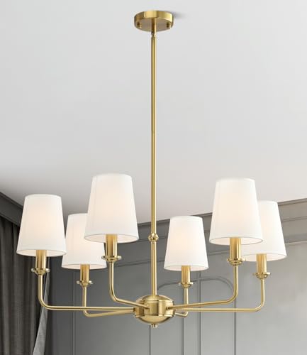 6-Light Brushed Gold Pendant Chandelier with Fabric Shades, E12 Base - Farmhouse & Industrial Style for Kitchen, Living Room, Dining Room, or Bedroom Lighting - color: 6 Light+Brushed Gold