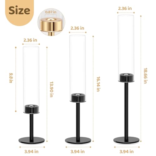 Black Hurricane Glass Candle Holders Set of 3, Tall Metal Taper Candle Stick Holder, Clear Candlestick Holders, Table Centerpieces Decor for Dining Dinner, Weddings, Christmas Fireplace Decorations - color: Black