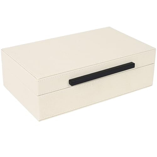 Beige Faux Leather Shagreen Decorative Storage Box - Small Jewelry Organizer & Keepsake Box with Lid for Home Decor - color: Beige+Black Handles