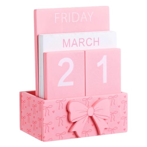 AceOrbit Pink Bow Wood Block Perpetual Calendar Coquettish Desk Decor Cute Month Week Date Display Decorative Block Calendar for Women Office Home Desk Gift for Women - style: Pink Bow