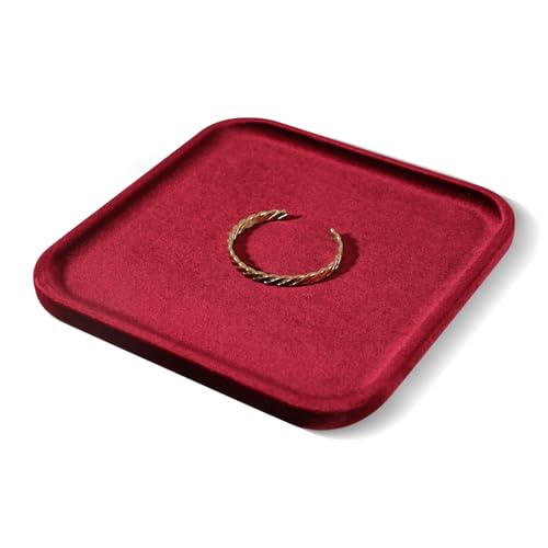 Resilient Velvet Jewelry Display Tray for Ring Earrings Bracelet Necklace, Flat Jewellery Dish for Showcase Store Retail Counter Exhibition Photography Livestream (Red, Large) - color: Red, size: Large
