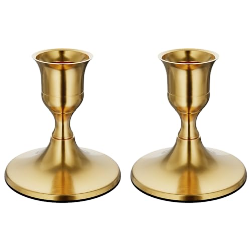 zeochyni Brass Gold Taper Candle Holders Set of 2, Vintage Metal Candlestick Holders for Dinner Room Table Centerpiece or Mantel Wedding Party Decor - color: Gold, size: Set of 2