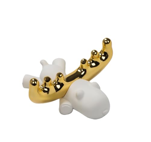 Modern White Reclining Stag Sculpture, Golden Antlers Resin Animal Figurine, 6.5 x 6.69 x 2.95 Inches, Minimalist Desktop Decor for Bookshelf, Living Room & Home Office (White B) - size: H2.95 in White B