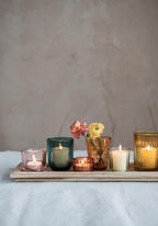 Creative Co-Op Round Glass Votive Holders on Wood Tray, Yellows & Greens, Set of 9 - color: Yellow/Green