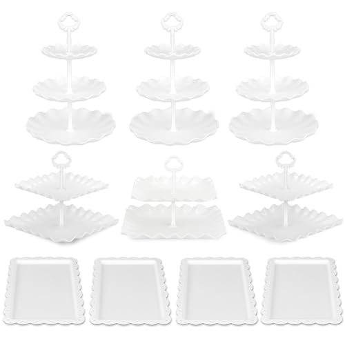 Pack of 10 NWK Cake Stand Set, with 3 x Two-Tier and 3 x Three-Tier Cupcake Stands, 4 x Appetizer Trays, 1 x Tablecloth for Birthday Bridal Baby Shower Party (White) - color: White
