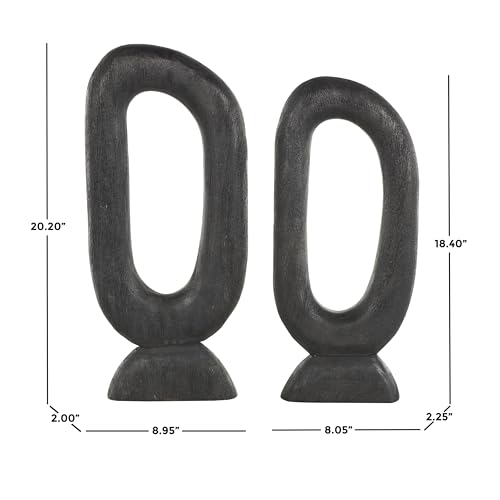 Deco 79 Mango Wood Abstract Decorative Sculpture Cutout Oval Home Decor Statues, Set of 2 Accent Figurines 20", 18"H, Black