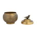 Round Hammered Metal Container with Bird Finial, Brass Finish - style: Bird