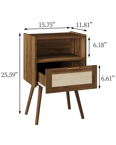 Veegle Nightstand,Modern Bedside Table with Storage Drawer and Open Wood Shelf, Accent Night Stand with Solid Wood Legs for Living Room, Bedroom and Small Spaces,Easy Assembly (Walnut Brown-Rattan) - color: Walnut Brown-rattan