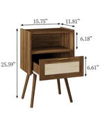Veegle Nightstand,Modern Bedside Table with Storage Drawer and Open Wood Shelf, Accent Night Stand with Solid Wood Legs for Living Room, Bedroom and Small Spaces,Easy Assembly (Walnut Brown-Rattan) - color: Walnut Brown-rattan