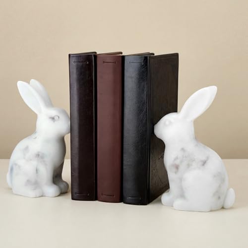 1 Pair Decorative Bookends for Shelves Marble Bunny Bookends Heavy Duty Book Ends Cute Rabbit Book Ends for Home Office Desk Bookshelf Living Room Decoration