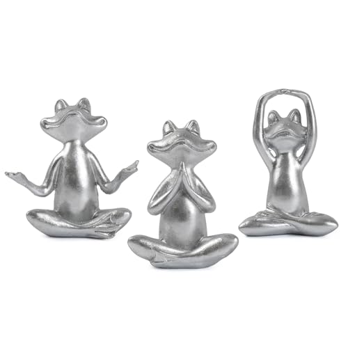 Suoedd Silver Frog Figurines Yoga Decor Set of 3 –Frog Yoga Statues for Modern Living Room Table Office Bookshelf Shelves Home Sculptures Decor, for Mom Dad Women - color: Silver Frog-3