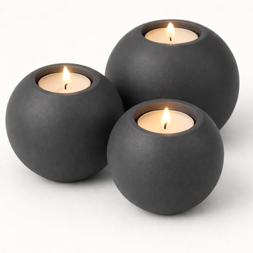 Concrete Sphere Tea Light Holder - Minimalist Centerpiece - Candle Holder - Modern Interior Design (Charcoal, Set of 3 Sizes) - color: Charcoal, size: Set of 3 Sizes