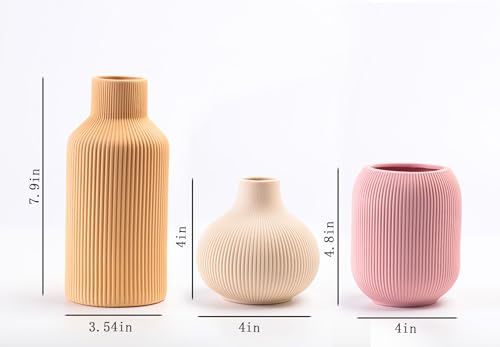 Ceramic Vase Set of 3, Vases Home Decor Modern Minimalist Decor Pottery Boho Vases for Pampas Grass Dried Fresh Flowers, Bookshelf, Shelf, Bedroom, Entryway Mantel Decor(Pink+Light Yellow+Orange) - color: Multicolor