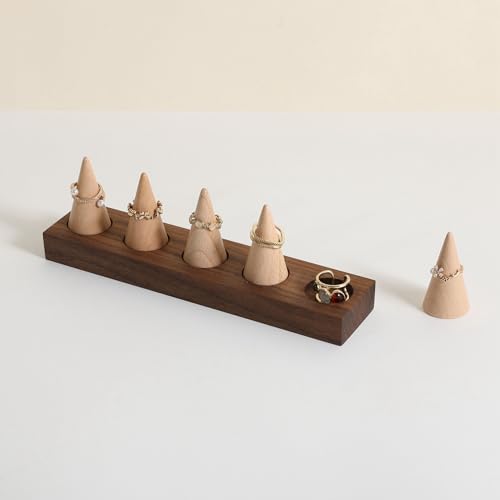 GemeShou Wooden ring organizer holder for jewelry, Stable ring display stand for boutique store, walnut base with white ring cones for jewelry selling【Ring holder-Cone 5】 - style: Five Cone