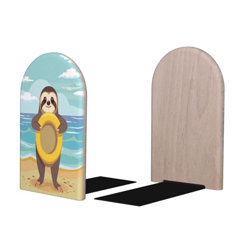 Cute Sloth Beach L-Shaped Book Ends 1 Pair Wood Bookends Book End Supports for Heavy Book Shelf Holder Home Decorative - color: Cute Sloth Beach