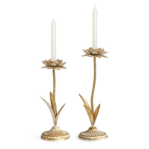 Antique Gold Metal Flower Taper Candle Holder, Rustic Farmhouse Style, Set of 2, Centerpiece Wedding Festive Christmas Mantel Decoration