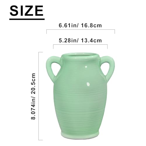 Sunddo Green Ceramic Flower Vase for Home Decor - 8 Inch Modern Decorative Vase with 2 Handles, Centerpieces, Kitchen, Dining Table, Bathroom, Shelf and Living Room - color: Mint Green - 8, size: 8 Inch