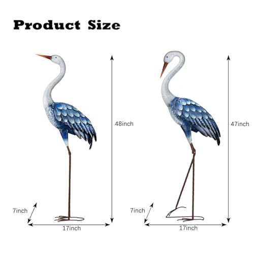 Kircust Outdoor Blue Heron Statues Metal Garden Crane Sculptures, Bird Yard Art Large 47-48 Inch, Set of 2, for Pond & Lawn Garden Decor, Gifts for Women, Men, Friends - color: Blue