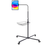 Premium Rolling Tablet Floor Stand with Heavy Duty Industrial Wheels & Storage Basket, Tall Adjustable iPad Stand Floor on Wheels, Universal Mount Holder for iPad Pro, Air, Mini, Phone