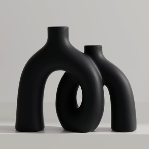 Matte Black Vase Set - Hug Hollow Donut Aesthetic Ceramic Vases Home Decor, Modern Nordic Minimalist Decorative Vase for Table Centerpiece Bookshelf Office Entryway Console Fireplace (Black) - color: Black