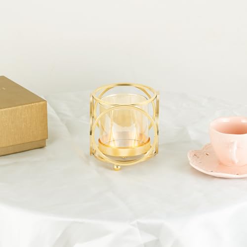 Gold Hurricane Candle Holder with Metal Frame & Windproof Glass Lid, Geometric Cutouts for Weddings, Parties, Home Decor - size: Small