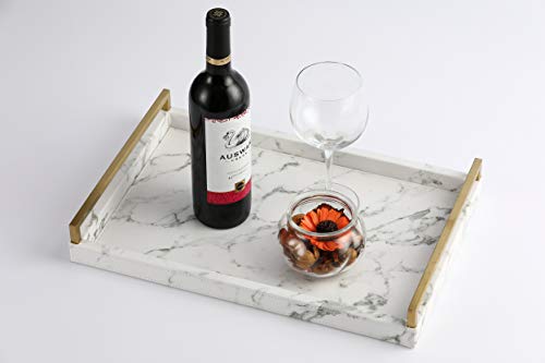 17.8 * 11.8" White PU Leather Marble Finish Decorative Tray Serving Tray with Brushed Gold Handle for Coffee Table, Console Table, Ottoman - color: White