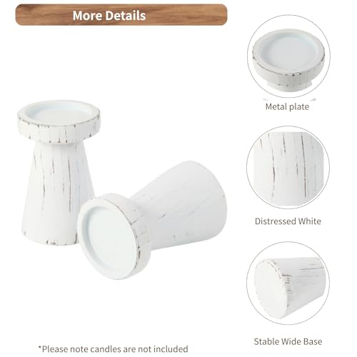 Wood Candle Holders for Pillar Candles, Set of 2 Vintage Rustic Tall Modern Farmhouse Decor, Decorative Wooden Candlestick Stand for Fireplace Mantel, Table Centerpiece - Distressed White - color: Distressed White