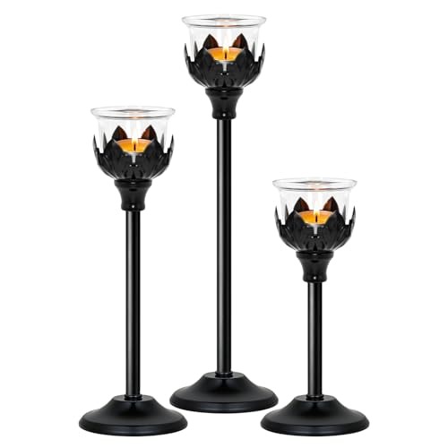 Set of 3 Metal Tea Light Candle Holder with 3 Glass Cups, 12/10/8 Inch Elegant Tealight Candelabra Centerpiece for Wedding Table Decor, Tiered Home Party Decoration (3, Black) - color: Black