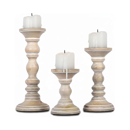 Mela Artisans Mango Wood Pillar Candle Holders Set of 3, Hand-Carved Whitewashed Decorative Candles for Living Rooms, Centerpieces & Mantel Decor - color: Whitewash