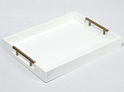 Serving Tray with Polished Metal Handles, 16.5''x12'' Rectangle Coffee Table Tray, Modern Decorative Tray, Large Ottoman Tray, Perfect for Storage and Display (White) - color: White