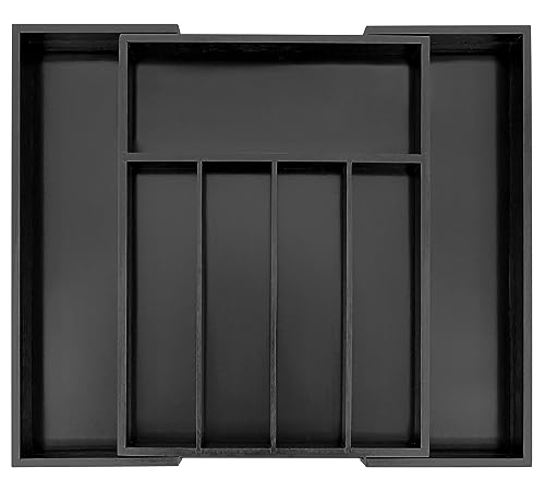 VaeFae Bamboo Drawer Organizer, Expandable Silverware Drawer Organizer, Cutlery Tray with Dividers for Kitchen Utensils (Black, Medium) - color: Black, size: Medium