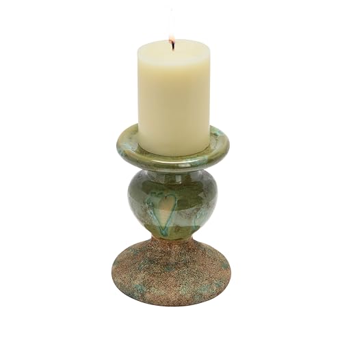 Creative Co-Op 2-Tone Sculptural Terracotta Pillar Candle Holder, Distressed Green - color: Green, size: 5.5" W x 6.5" H
