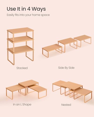 SONGMICS Cabinet Organizer Shelf, Set of 3 Kitchen Counter Shelves, Kitchen Storage, Spice Rack, Stackable, Expandable, Apricot UKCS220Y01V1 - color: Apricot