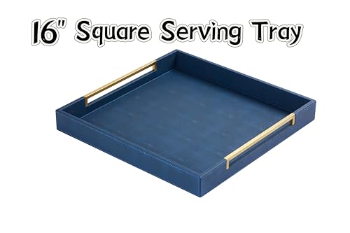 16x16 Inch Navy Blue Square Decorative Tray for Ottoman Coffee Table Faux Shagreen Leather Large Serving Tray Serving Food for Bar, Dinner, Party (Blue-Gold, Square 16") - color: Blue-gold, size: 16" x 16" x 2"