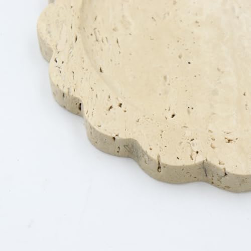 Round Marble Decorative Tray with Scalloped Edge, Luxury Natural Stone Bathroom Vanity Tray, Dresser Top Perfume Coffee Home Kitchen Sink Tray, Key Trinket Ring - color: Beige Travertine
