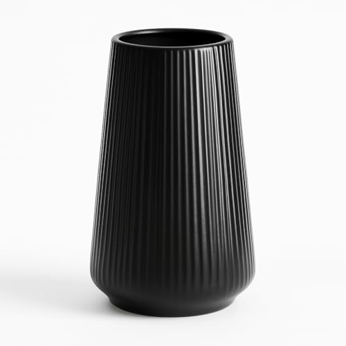 Black Ceramic Vase, 8 Inch Flower Vase for Pampas Grass, Modern Ribbed Decorative Vase with Narrow Opening for Living Room Table, Shelf Decor - color: Black01