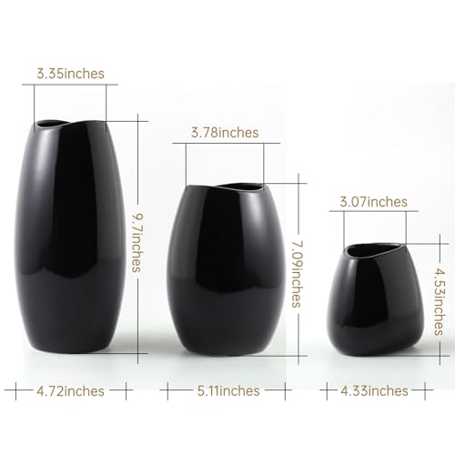 hjn Ceramic Vase Set of 3 Black Flower Vase for Home Decor, Modern Decorative Vase for Flowers/Ideal Shelf Decor/Table/Living Room/Kitchen/Office-Black - color: Black