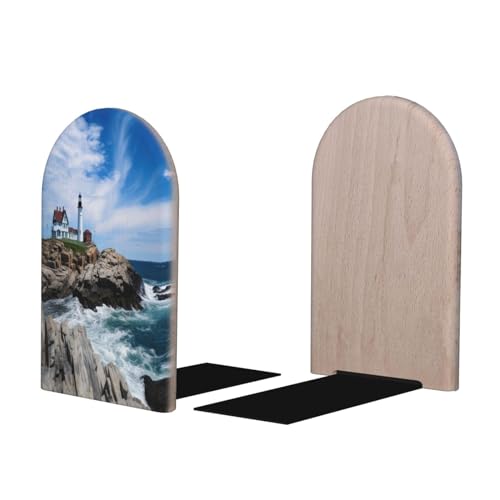 Lighthouse Seaside Sky L-Shaped Book Ends 1 Pair Wood Bookends Book End Supports for Heavy Book Shelf Holder Home Decorative - color: Lighthouse Seaside Sky