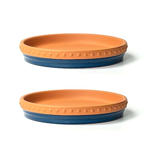 YBX 8-inch Plant Saucer Premium Terracotta Saucer Round Ceramic Plant Trays, Pack of 2 (Navy/Terracotta) - color: Navy/Terracotta